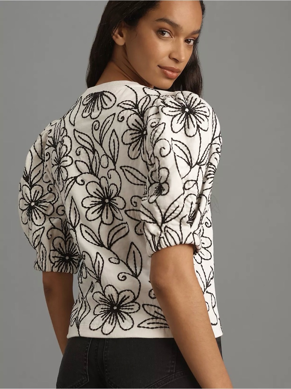 Maeve White Top with Black Floral Embroidery - Picture 2 of 9